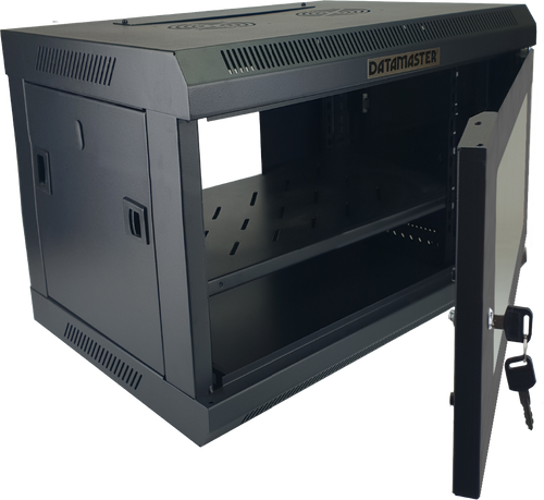 600mm deep 6RU wall mount cabinet shown with the front door open. (68 characters)