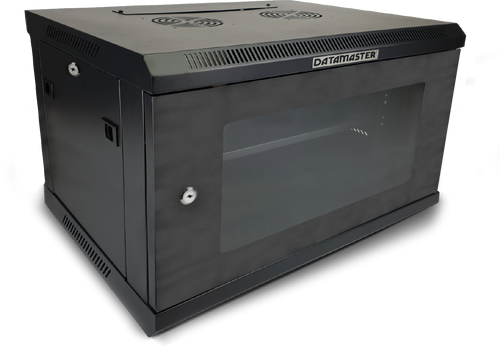 Side view highlighting the 600mm depth of the 6RU wall mount cabinet.