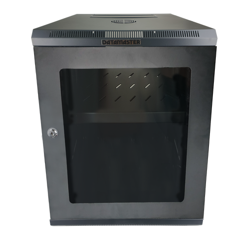 Front view of the 18RU 600mm deep wall mount cabinet with its perspex front door.