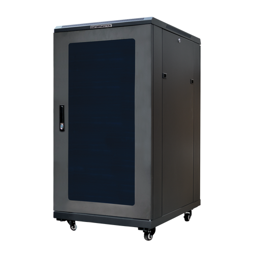 Angled front view of the 22RU freestanding server cabinet with doors closed.