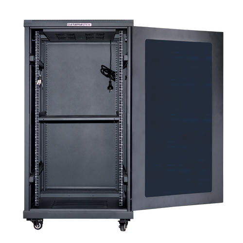 22RU server cabinet with the front mesh door open, showing mounting rails.