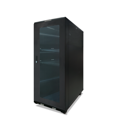 Side profile of the 27RU 800mm deep floor cabinet with side panel on.