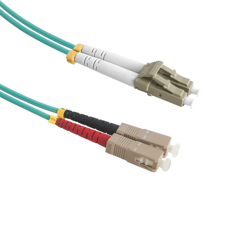 Side profile of the aqua-coloured 3m OM3 fibre cable showing the SC and LC ends.