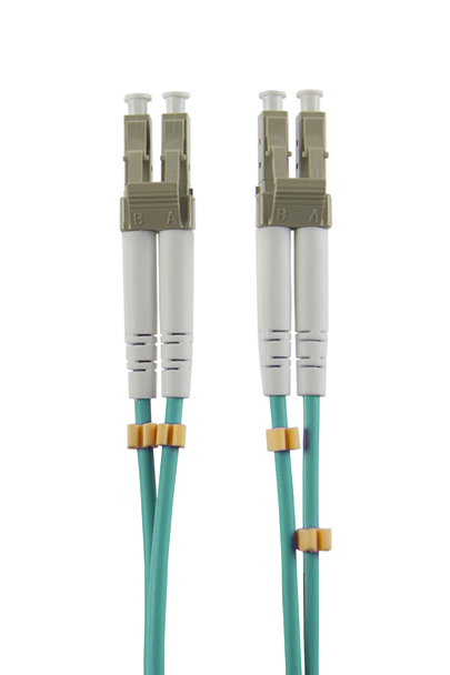 Top-down view of the LC connector ends of a 1m OM4 duplex fibre patch cord.