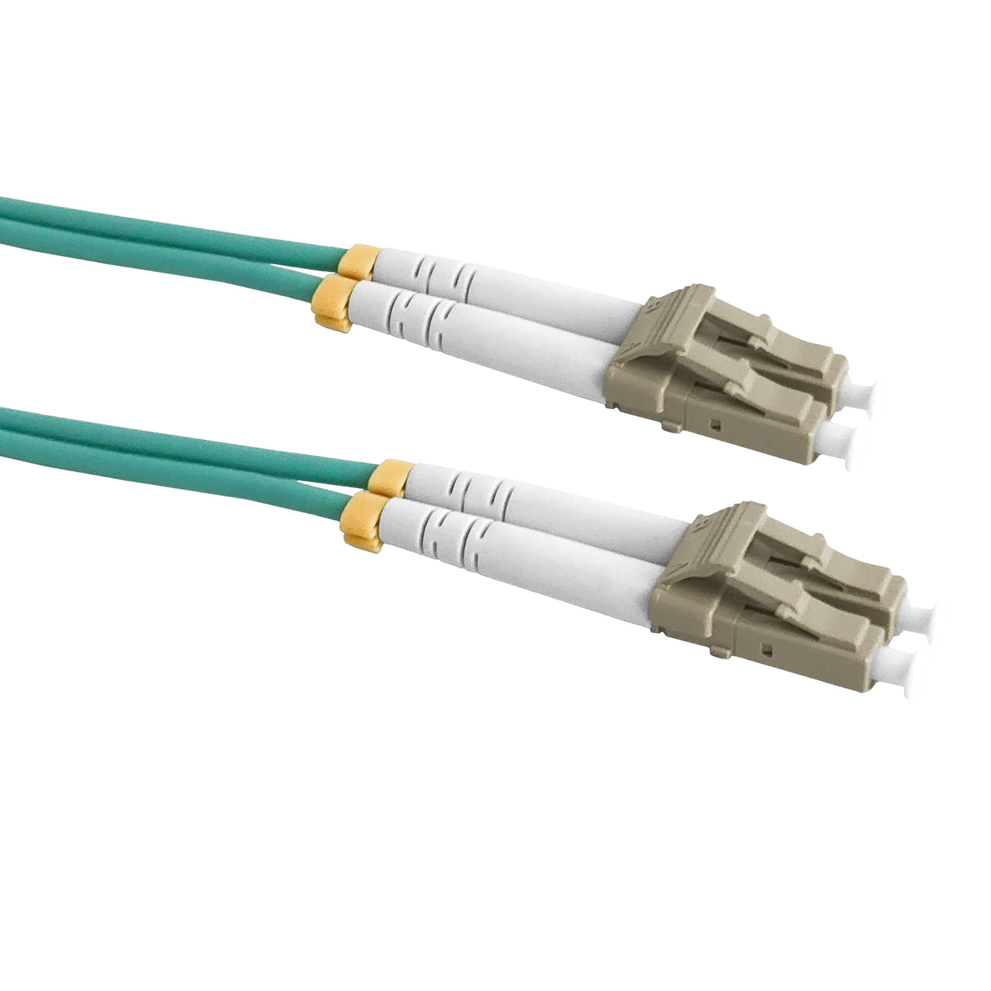 Close-up of Duplex LC connectors on a 1m OM4 aqua LSZH fibre optic patch cable.