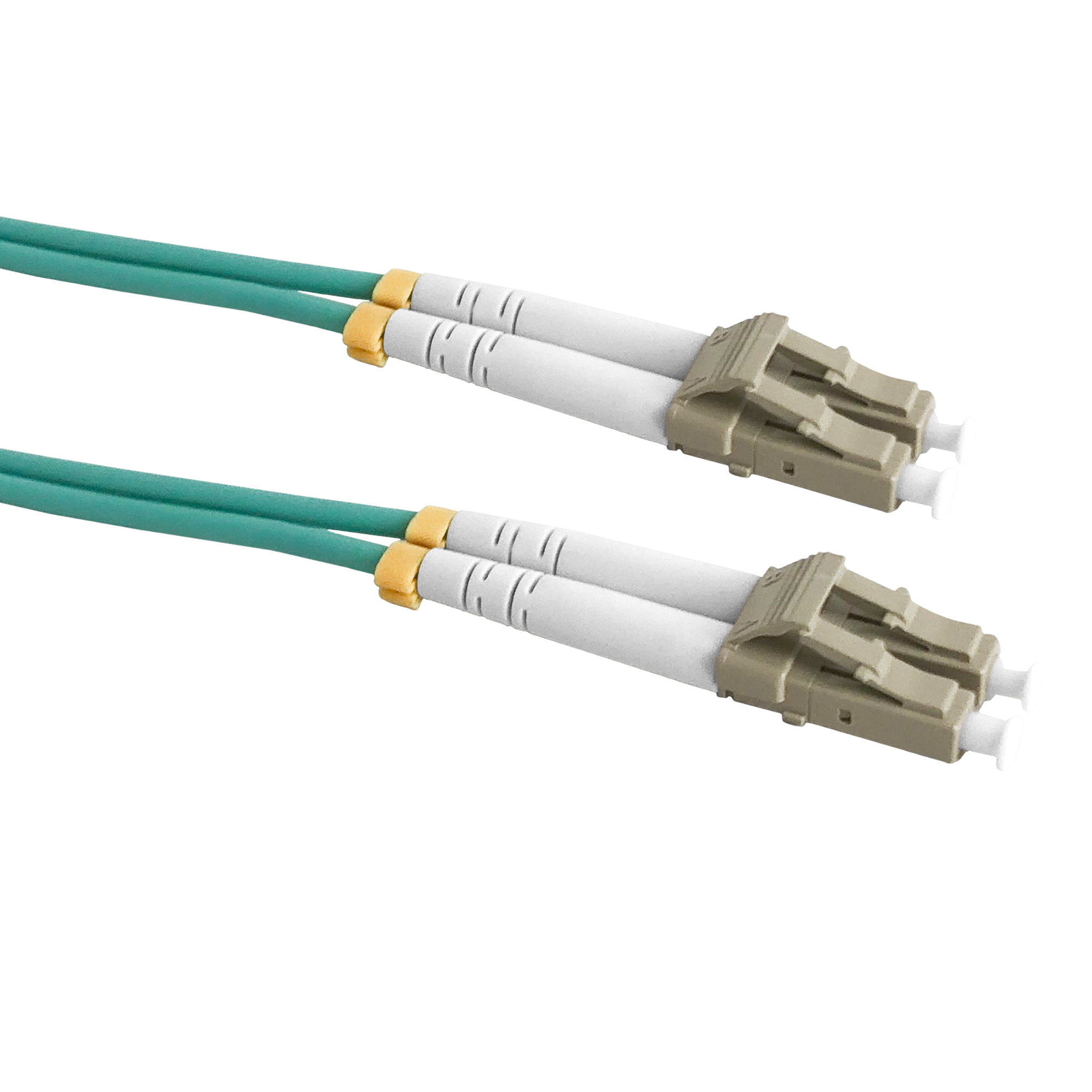 Close-up of Duplex LC connectors on a 5m OM4 aqua LSZH fibre optic patch cable.
