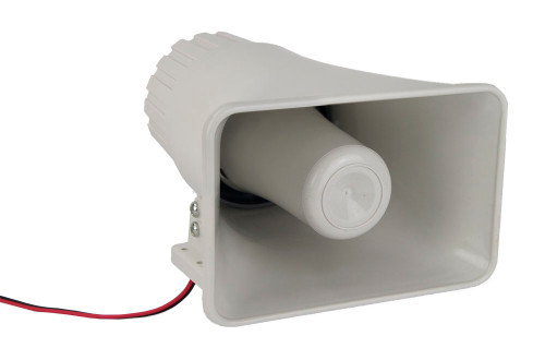 Front side view of the white 15W horn speaker, showing the attached cable.

