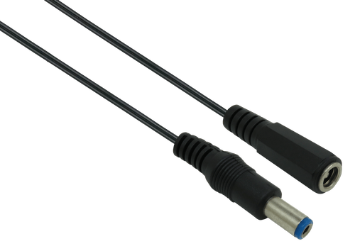 Angled view of the 2.5mm male DC plug and female DC socket ends on the polarity reversing cable.