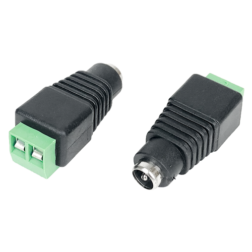 A view of two female DC sockets, one showing the front barrel and the other showing the rear cable entry.