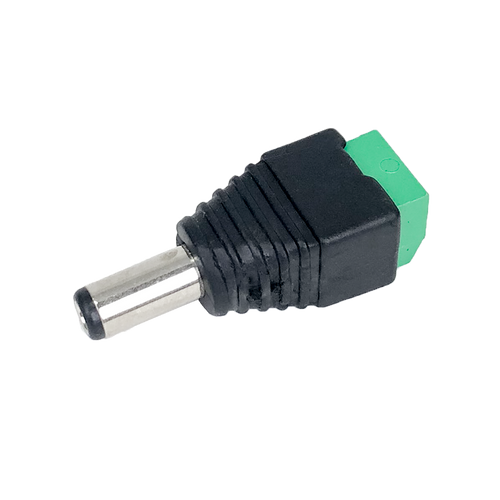 A side angled view of the front of the male DC screw terminal plug.