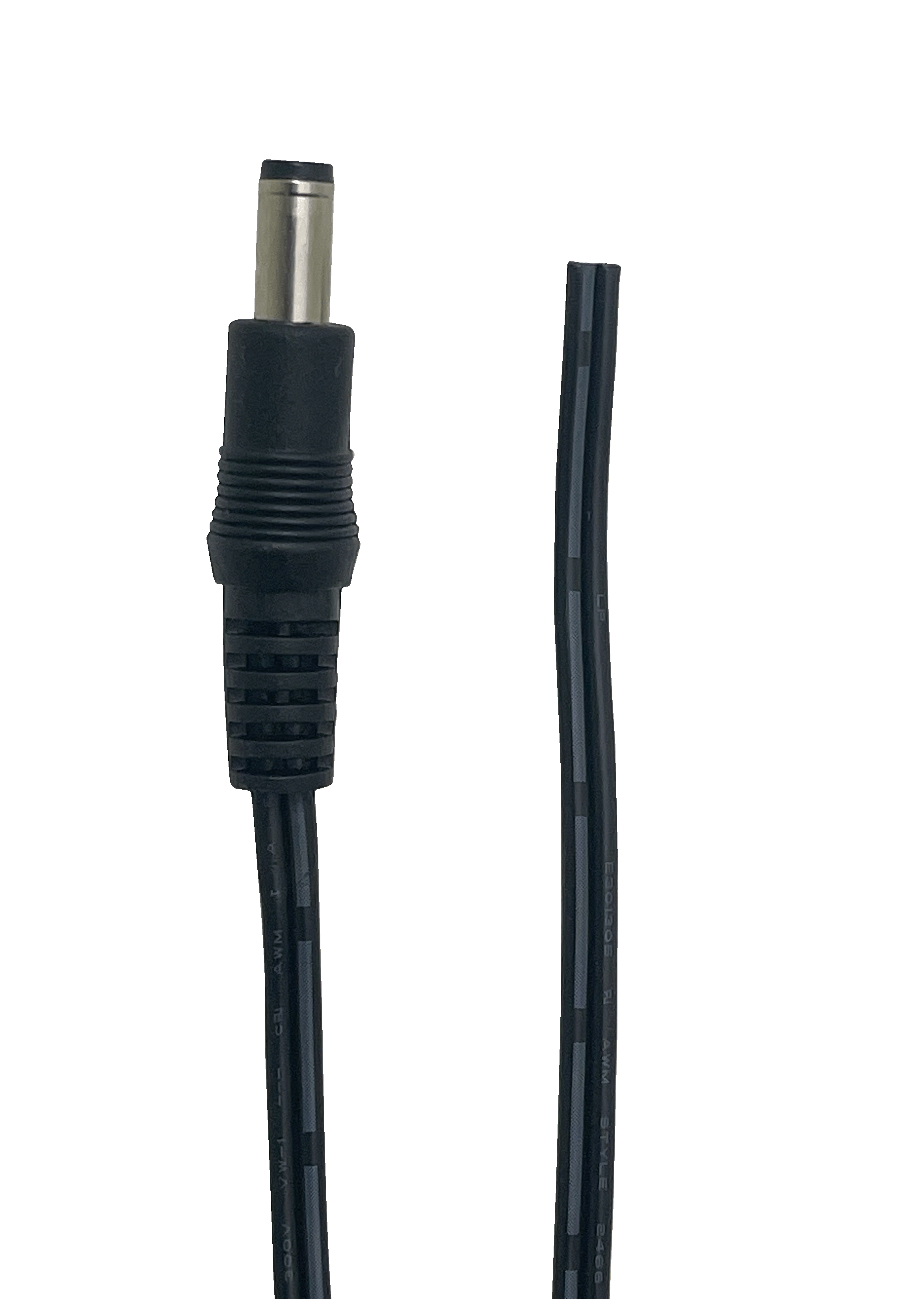 Top front view of the 1.2m DC power cable, showing the moulded 2.1mm plug and the blunt cut Figure-8 wire ends.