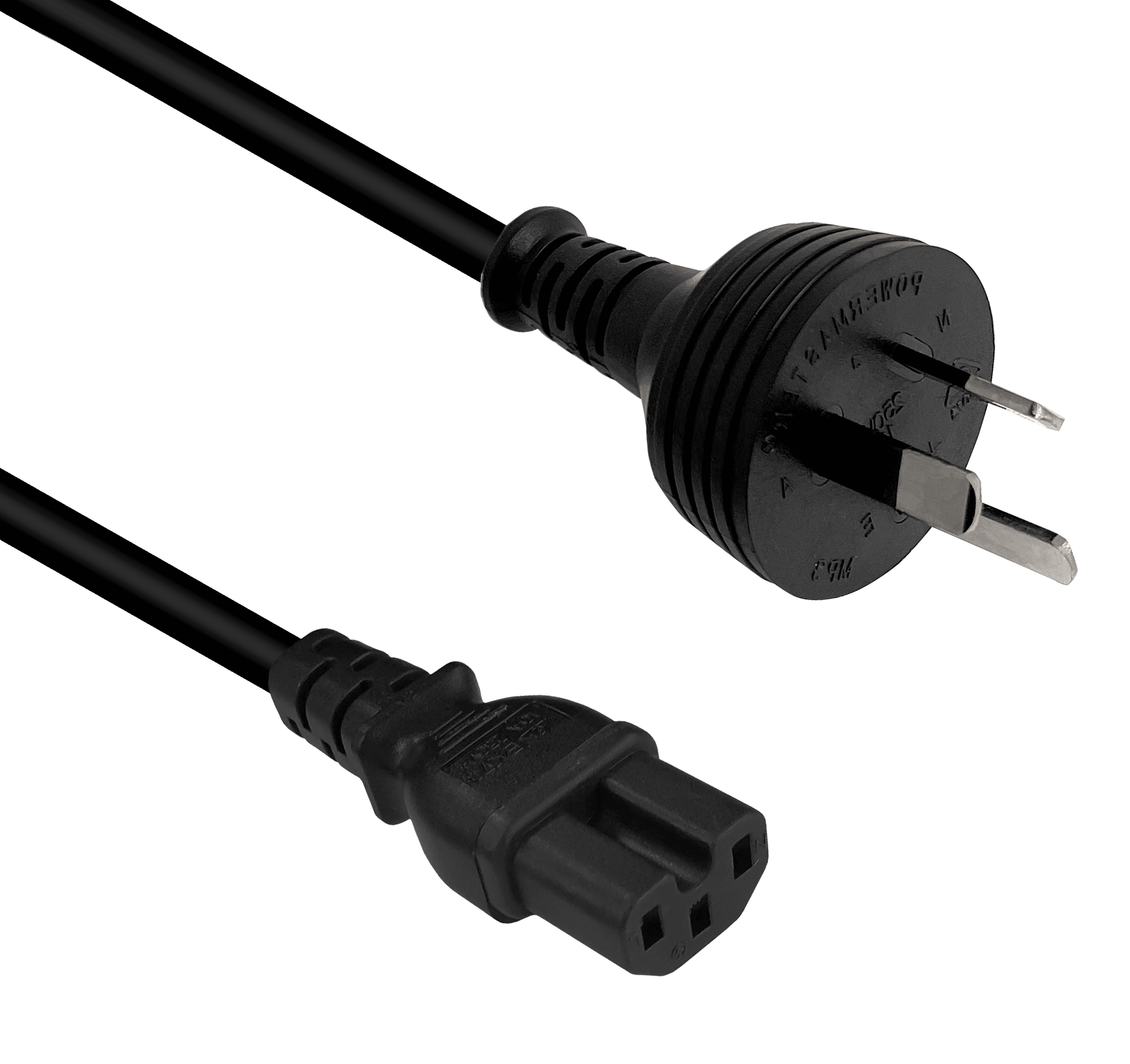 A side profile view of the robust IEC C15 connector and the insulated pins of the Australian mains plug.