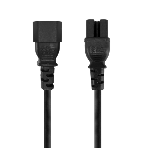 A direct front-on view of the 3-pin IEC-C14 male plug and the IEC-C15 female connector.