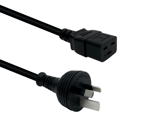 Side angle view of the 3-metre power cord, clearly showing the heavy-duty IEC-C19 connector and the 15A Australian mains plug with its large earth pin.