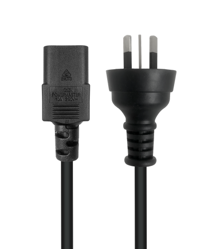 Top front view of the 20m black power cable, highlighting both the IEC-C13 and Australian mains ends.