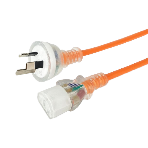 Side angled view of the maximum-length 6-metre orange medical-grade power cord, showing the transparent IEC-C13 and Australian 3-pin ends.