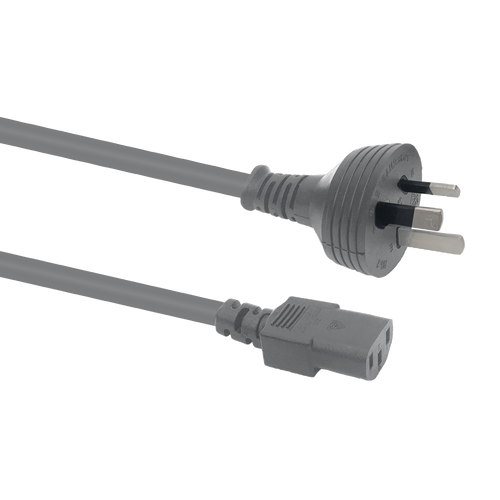 Side angled view of the 2.5-metre ash grey power cord, showing the IEC-C13 connector and the Australian 3-pin plug.