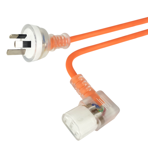 Side angled view of the 3-metre orange medical-grade power cord, showing the right-angle IEC-C13 and transparent Australian 3-pin ends.