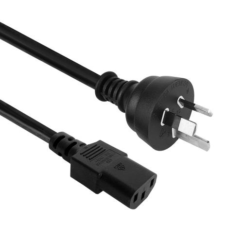 Side angled view of the 1.5-metre black power cord, showing the IEC-C13 connector and the Australian 3-pin plug.