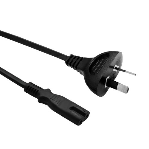 Side angled view of the long 3-metre black power cord, showing the IEC-C7 "Figure-8" connector and the Australian 2-pin mains plug.