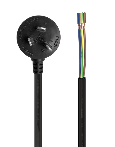 A close-up of the right-angle 3-pin mains plug.