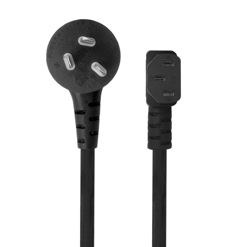 Front view of the 2-metre dual right-angle power cord with both angled ends visible.