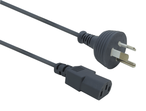 Side angle view of the cable, highlighting the IEC-C13 connector and the distinctive round earth pin on the Australian plug.