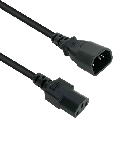 Side angled view of the 3-metre black power jumper cord, showing the IEC-C13 and IEC-C14 connectors.