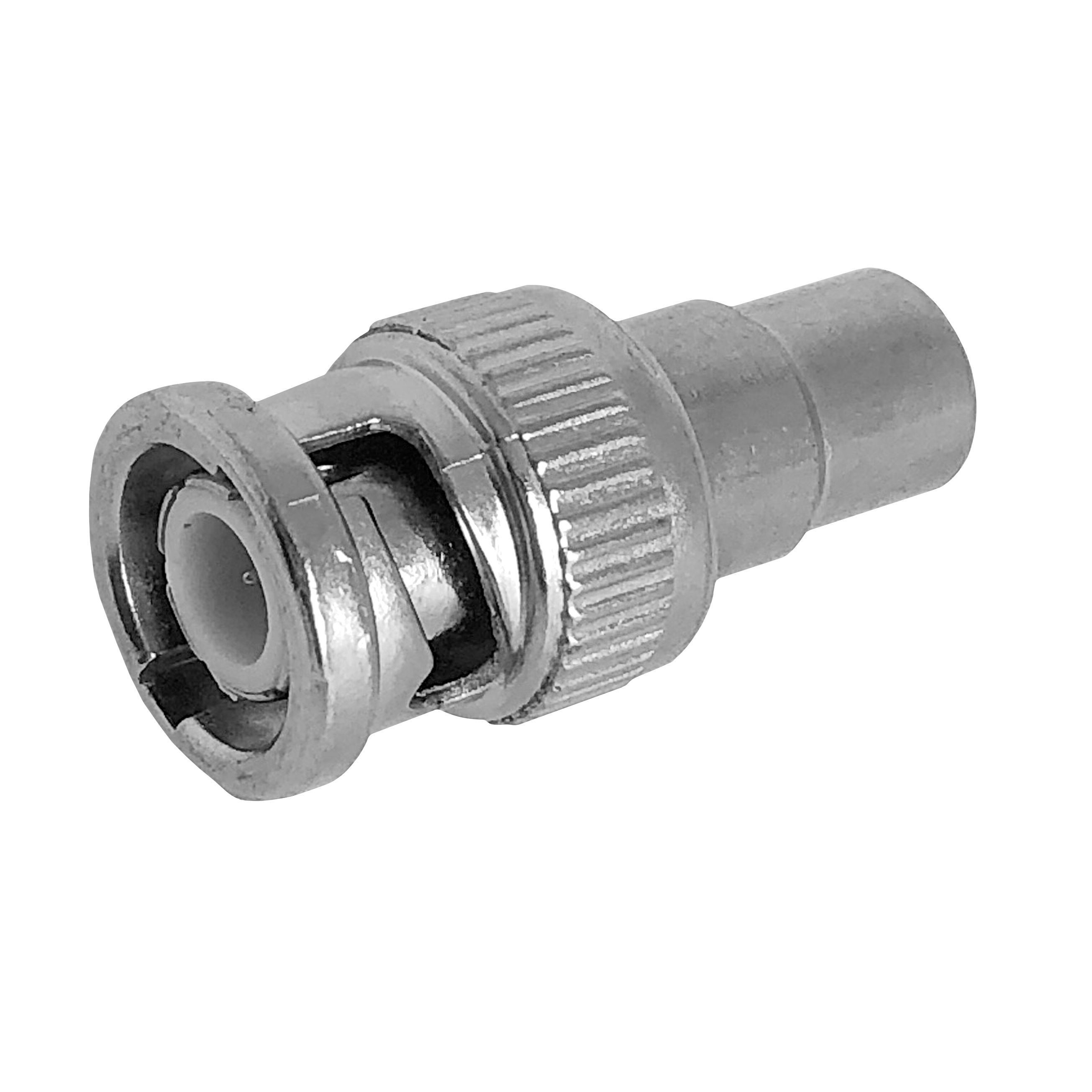 A detailed close-up side view of the BNC male to RCA female adaptor.