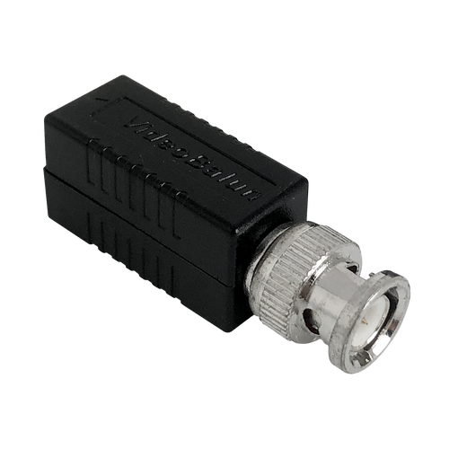 A close-up side view of a single video balun, showing the BNC connector.