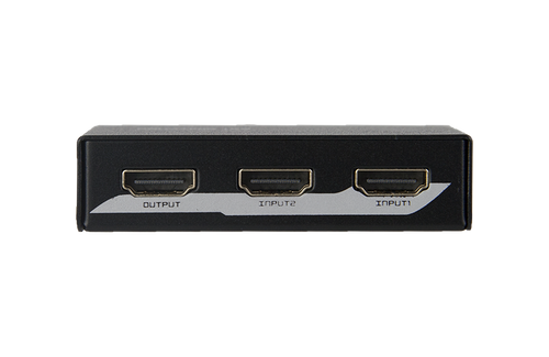 A close-up of the rear of the HDMI switch, showing one  input and two HDMI input ports.
