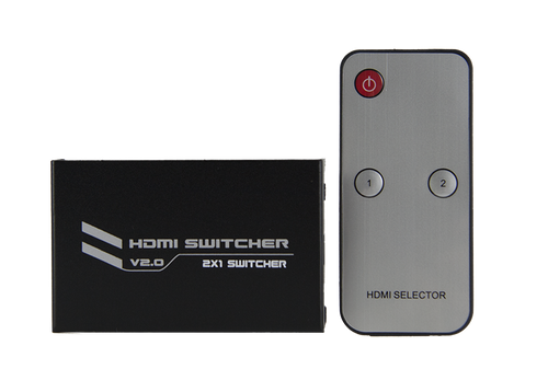 Top-down view of the 2-port HDMI switch and its accompanying IR remote control.