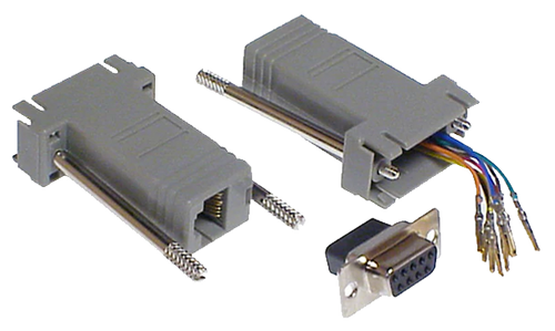 Side-by-side view of two DB9 Male to RJ45 Adaptors, one showing the RJ45 socket and the other showing the rear shell where pins are inserted.