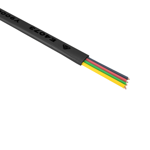 A close-up cross-section of the black 4-core flat telephone cable, showing the four internal stranded conductors.