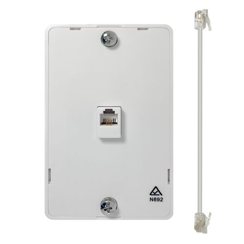 Front view of the white wall phone bracket, showing the two mounting studs and the short modular connection cord.
