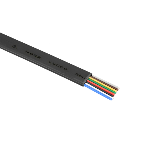 A close-up cross-section of the black 8-core flat multi-purpose cable, showing the eight internal stranded conductors.