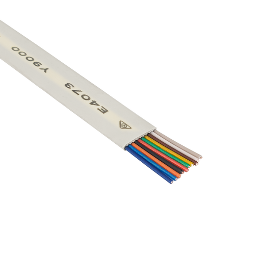 A close-up cross-section of the ash grey 10-core flat multi-purpose cable, showing the ten internal stranded conductors.
