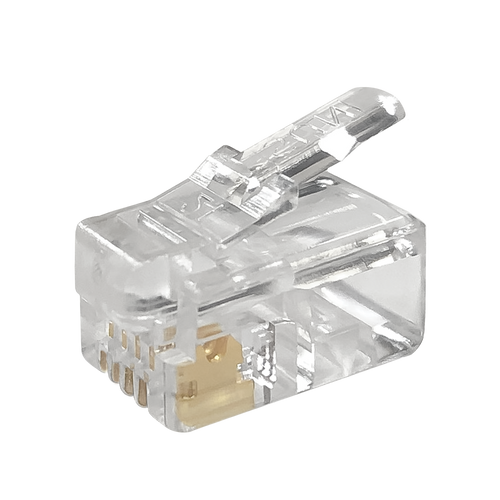A side profile of the top of the transparent RJ11 4P4C modular plug.