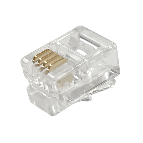 A close-up view of the underside of an RJ11 4P4C modular plug, showing the gold-plated contacts.