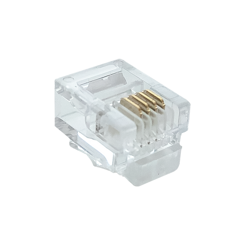 A close-up view of the underside of an RJ12 6P4C modular plug, showing the gold-plated contacts