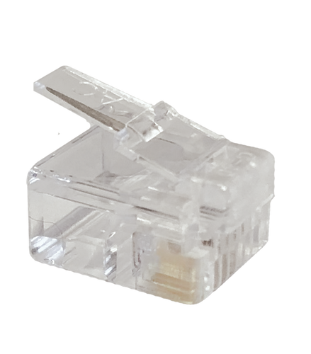 A side profile of the top of the transparent RJ12 6P6C modular plug.