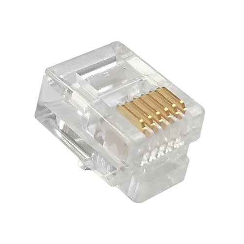 A close-up view of the underside of an RJ12 6P6C modular plug, showing all six gold-plated contacts.