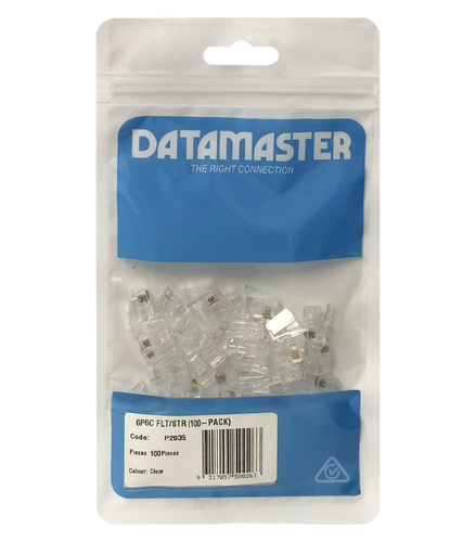 The 100-pack of 6P6C RJ12 modular plugs in its branded Datamaster hang-sell packaging.