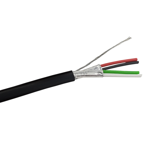 A close-up cross-section of a Belden 8723 equivalent 2-pair shielded cable, showing the foil shield, drain wire, and four internal conductors within the black PVC jacket.