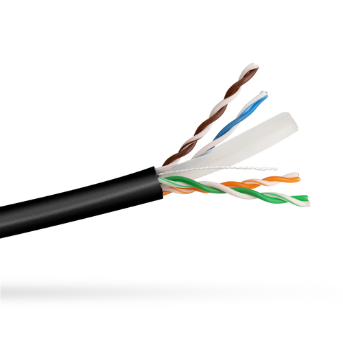 Close-up side view of the Black Cat6 LSZH cable jacket, showing the internal cables, rip cord, and separator.