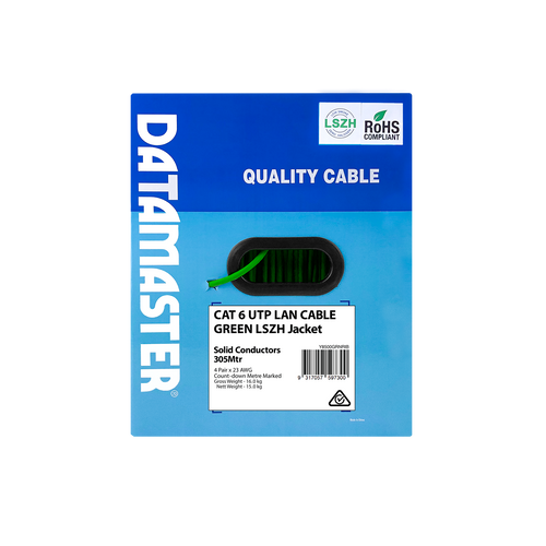 Front view of the Datamaster® Cat6 Reel-in-Box with clear product branding.