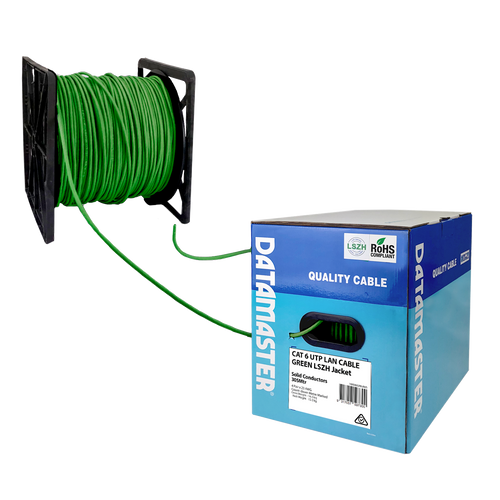 The Datamaster® Reel-in-Box with the Green Cat6 solid UTP cable being dispensed smoothly from the packaging.