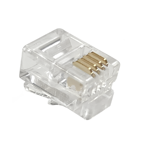A close-up underside view of the transparent RJ11 4P4C modular plug, highlighting the gold-plated contacts.