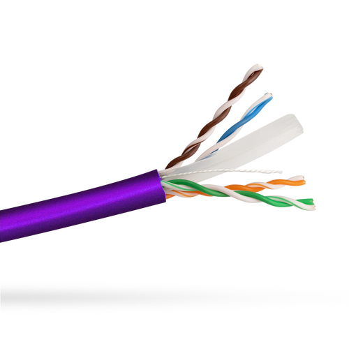 Close-up side view of the Purple Cat6 LSZH cable jacket, showing the internal cables, rip cord, and separator.