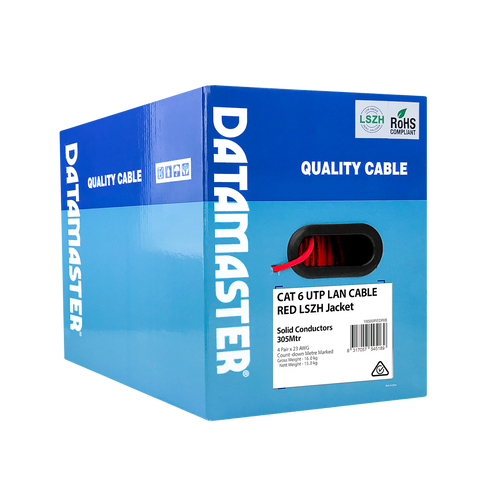 Side view of the Datamaster® Cat6 Reel-in-Box with printed technical specifications and branding.